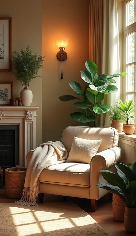  A warm and cozy home corner with soft light and plants, creating an atmosphere of comfort and tranquility  