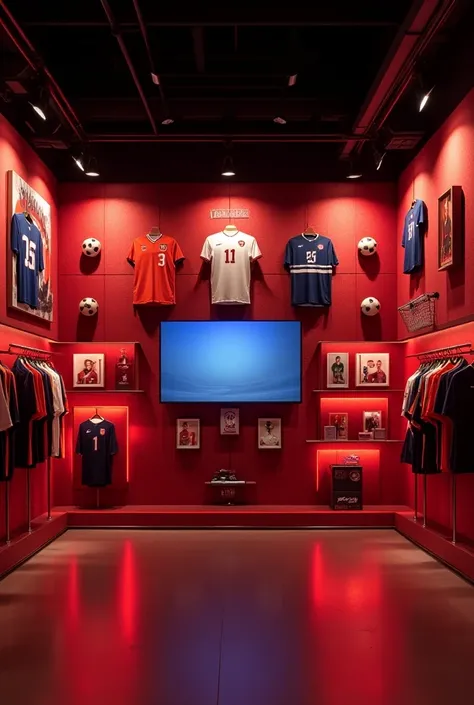 create an image size 16 : 9 that is like a prize wall , portraits, Mannequin jersey ball and display for various sports such as soccer , baseball, basketball , Tennis, volleyball, rugby ,  hockey ice color vinotinto style sports wall display with LED light...