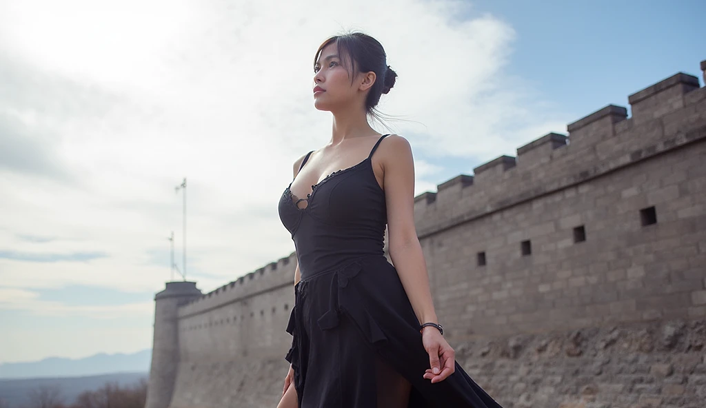 A hyper-realistic photo of a colossal Chinese female giant standing beside a massive city wall, leaning forward with her arms resting on top of the wall, gazing down at the tiny inhabitants inside the city. The giantess has a perfect, alluring body figure ...