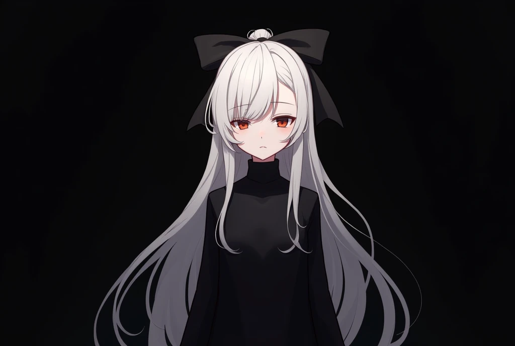 The image is a digital illustration of a young Boy with long white hair. She has a serious expression on her face and is looking off to the side. Her hair is styled in a half-up, half-down ponytail with a bow on the top. She is wearing a black outfit with ...