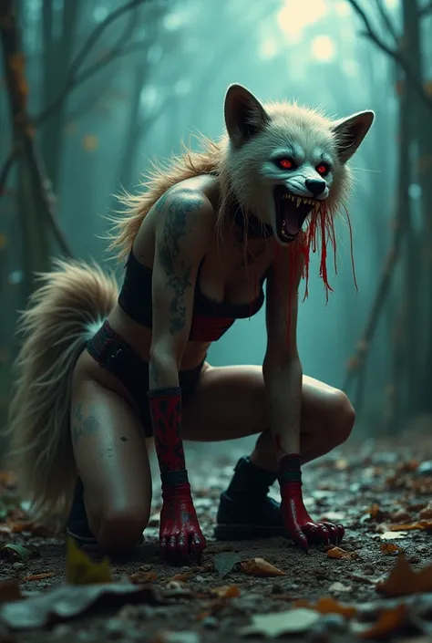 In an abandoned amusement park, Harley Quinn is mid-transformation into a werehyena, crouched on all fours beneath the fractured moonlight that filters through broken trees and rusted ride structures. Wherever the moonlight touches her skin, the transforma...