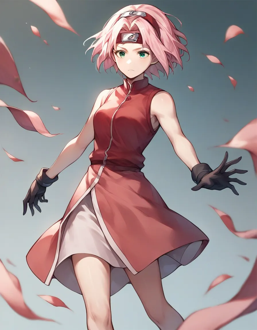 break, source_anime,
1girl, haruno sakura, pink hair, short hair, green eyes, source_anime, sleeveless, red shirt, forehead prot...