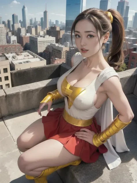 masterpiece, best quality,  mary marvel, white cape, red dress, red skirt, long sleeves, bracer, large breasts, looking at viewer, cityscape, rooftop, cleavage、 (between breasts), yellow boots, ponytail、アクション・ペインティング, 