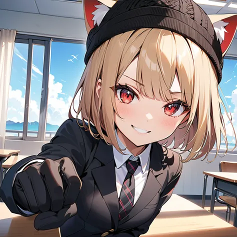 (Best Quality),(masterpiece),(Super detailed),( perfect anatomy),(Perfect hands),( 1 girl)、Beautiful red eyes、 bob cut、ash blonde hair、 smirking face、Small breasts、cat ear shaped black knitted hat 、Black blazer、 Black Normal Necktie 、 black plaid pleated s...