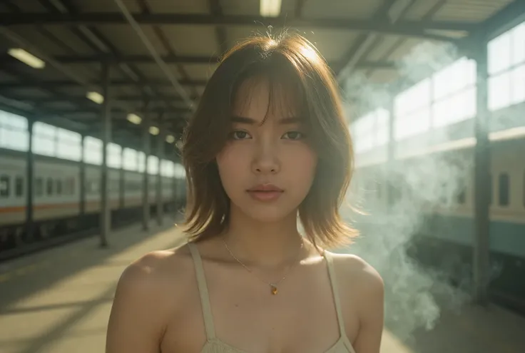 A full-body portrait of a young Thai woman standing in a railway station, looking sideways with a dreamy, cinematic gaze. Sunlight filters down, illuminating parts of her face and adding a soft warmth. A slight haze of smoke drifts through the scene, enhan...