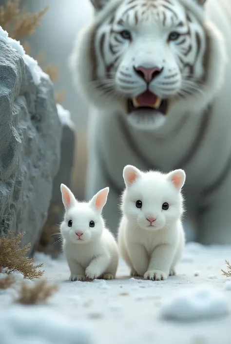 A white rabbit cub and a polar bear cub were walking together and behind him was a white tiger behind a rock