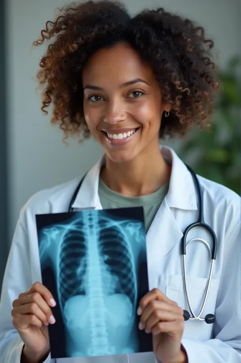 A curly-haired female doctor holding an X-ray image indicating osteoporosis 