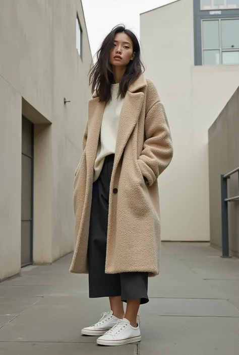 /imagine prompt: Modern street style portrait featuring oversized knit coat and classic sneakers, minimalist urban backdrop, casual chic atmosphere, editorial fashion style, soft overcast lighting, monochromatic palette with beige accent, Nikon Z8 for fash...