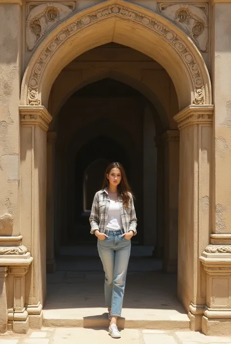 A young woman in light-wash blue jeans and a light-gray and white plaid shirt stands inside a weathered, light brownish-tan archway of an ancient stone building; the arches and walls are intricately ornamented with patterned carvings and faded, decorative ...