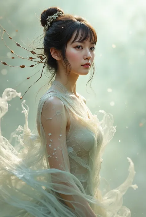 spirit of the wind,A magical Portrait of a east asian woman .  Her body is resolving into the air magically.