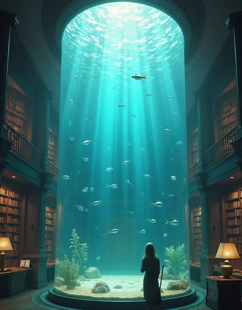 A gigantic flooring to over the ceiling water tank with tiny swimming creatures. Built inside a grand library.