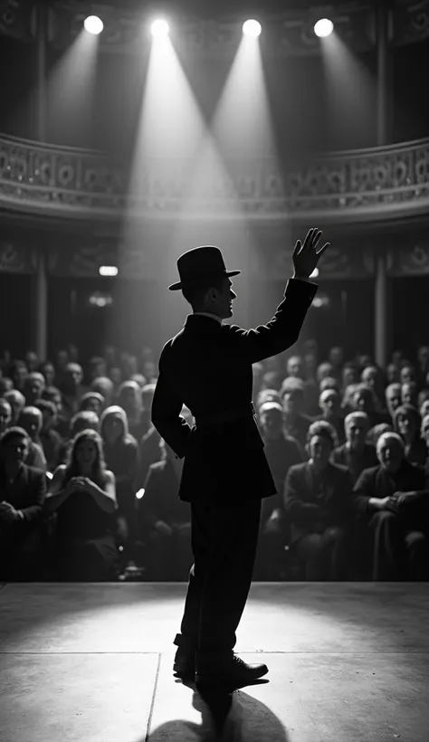 Black and white photography, realistic in 8k, works of art, Charles Chaplin on the stage of a theater in 1914 (it is important to highlight the details and style of the time)