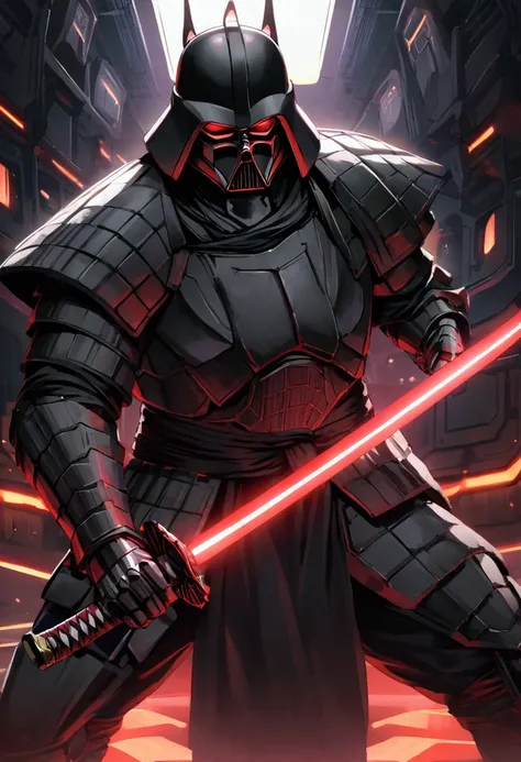 Samurai armor, high teck, darth vader wielding a red lightsaber katana. Battle stance lit by blade. Sci fi spaceship interior, highly stylized armor