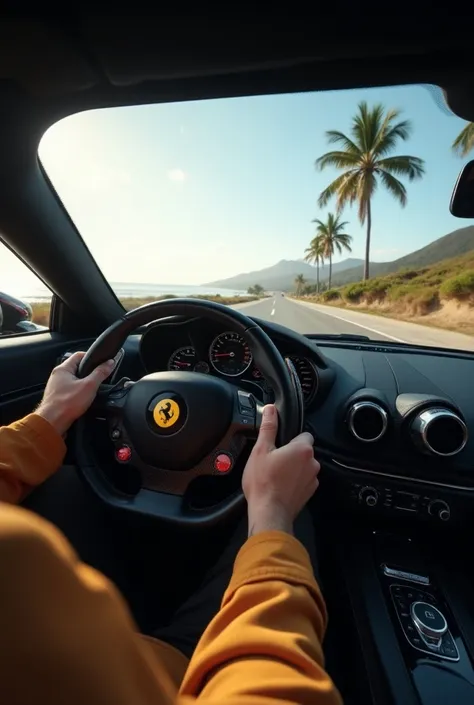 "In my POV, Im sitting behind the wheel of a sleek luxury car, like a Ferrari or Rolls-Royce, with my hands gripping the leather steering wheel. Im cruising down a coastal road, feeling the rush of speed as I pass palm trees and scenic views. The cars dash...