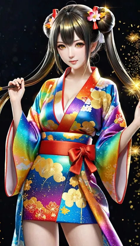 Attractive and sexy look,  Twin Tails, Wearing an open rainbow-colored colorful Japanese kimono , art, (Super detailed,   absolute resolution  , Best Quality:1.3), 2.5D,  Delicate and dynamic effects , Shimmering gold dust effect, Artistic, Extreme, CG デジタ...