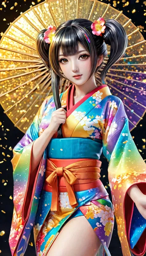 Attractive and sexy look,  Twin Tails, Wearing an open rainbow-colored colorful Japanese kimono , art, (Super detailed,   absolute resolution  , Best Quality:1.3), 2.5D,  Delicate and dynamic effects , Shimmering gold dust effect, Artistic, Extreme, CG デジタ...