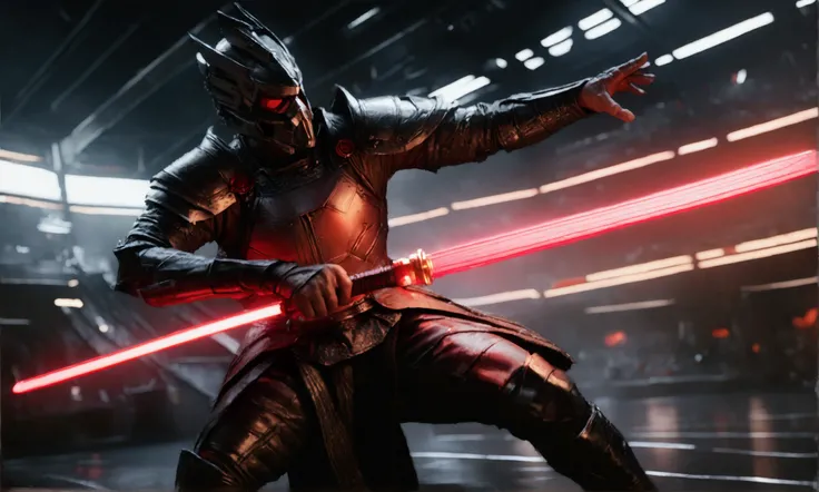 a samurai warrior in high-tech dark armor wielding a red lightsaber katana, in a battle stance with the blade illuminating the scene, in the interior of a highly stylized sci-fi spaceship, detailed, cinematic lighting, photorealistic, dark fantasy, dramati...