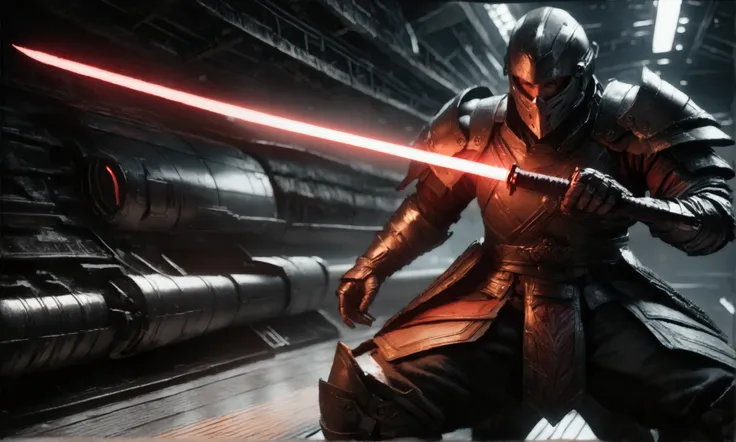 a samurai warrior in high-tech dark armor wielding a red lightsaber katana, in a battle stance with the blade illuminating the scene, in the interior of a highly stylized sci-fi spaceship, detailed, cinematic lighting, photorealistic, dark fantasy, dramati...