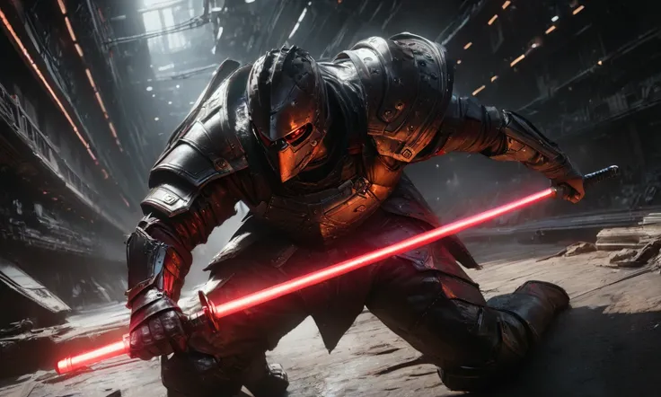 a samurai warrior in high-tech dark armor wielding a red lightsaber katana, in a battle stance with the blade illuminating the scene, in the interior of a highly stylized sci-fi spaceship, detailed, cinematic lighting, photorealistic, dark fantasy, dramati...