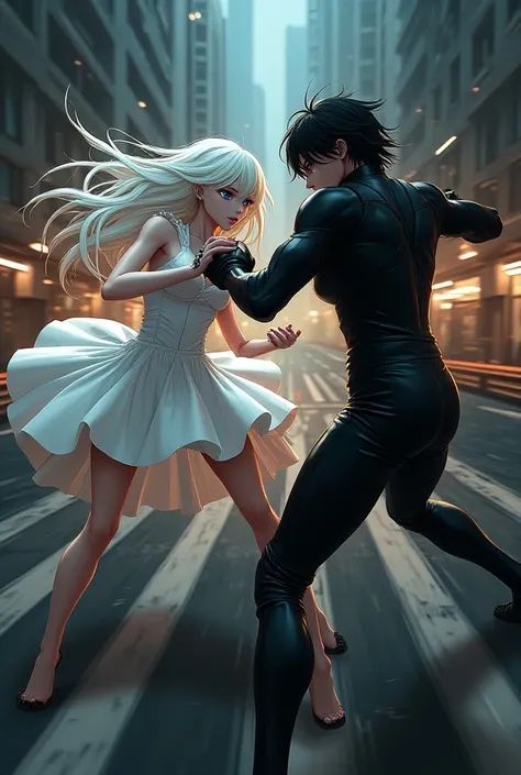 The image is anime style with shadows and dim lights, anime style although somewhat adult and dark, It shows a scene of the roads of a city. In the picture they are fighting an albino with long white hair, who wears a short white dress, against an android ...