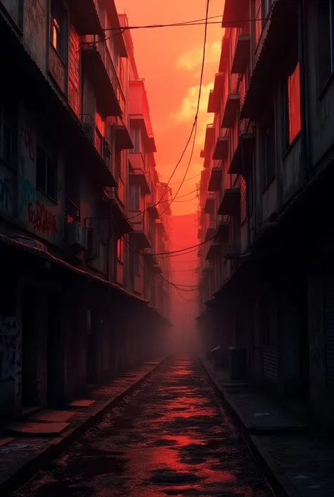  A dark urban scene with packed buildings , Remembering a favela ,  with an intense red lighting effect on one side, creating an atmosphere of tension and danger.
Create in 1080 by 1920 resolution in a 4k quality