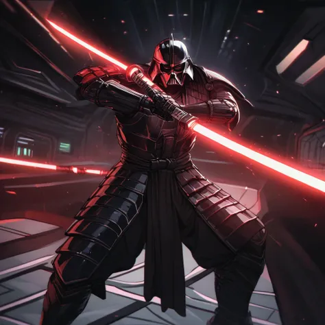 Samurai armor, high teck, darth vader wielding a red lightsaber katana. Battle stance lit by blade. Sci fi spaceship interior, highly stylized armor
