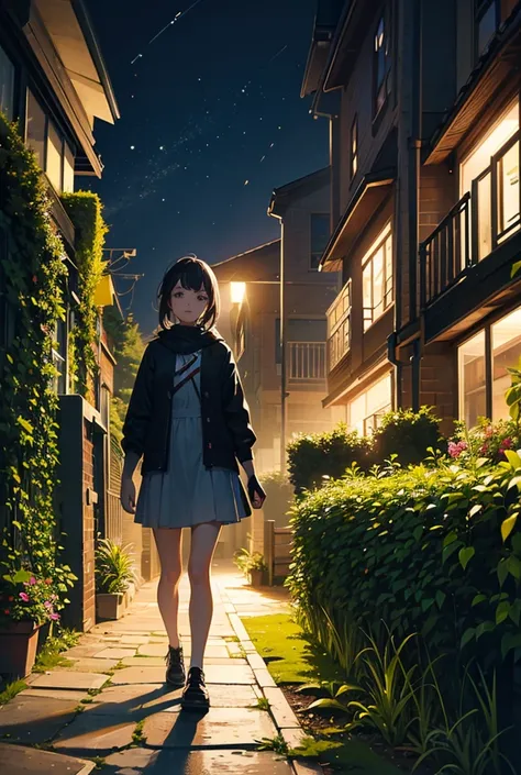 a girl, walking through a garden at night