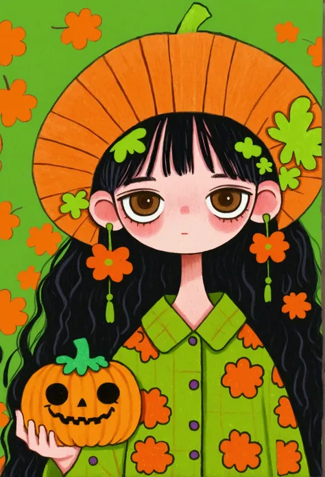 A painting of a girl wearing a pumpkin hat and a green background,  Halloween art style, Inspired by Yoshitomo Nara, Change, 🍁  cute, Hand drawn cartoon style, 🍂  cute,  colorful illustration , Pumpkin Head,  detailed fan art , 2d illustration, 2d illustra...