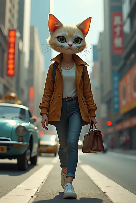 "A surreal image of a character with a cat’s head and a woman’s body, wearing casual clothing, holding a purse in one hand, walking confidently down a city street. The background shows an urban road with buildings and cars around. The image should be playf...