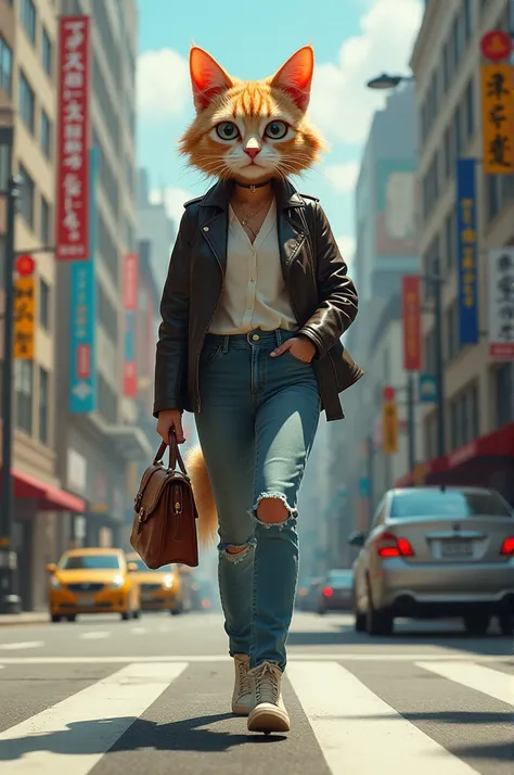 "A surreal image of a character with a cat’s head and a woman’s body, wearing casual clothing, holding a purse in one hand, walking confidently down a city street. The background shows an urban road with buildings and cars around. The image should be playf...