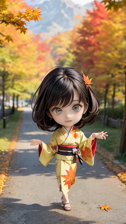 1 girl, solo, {beautiful and detailed eyes}, calm expression, hair by the breeze, delicate facial features, Blunt bangs, beautiful Korean girl, eye smile, very small earrings, (A woman wearing a traditional kimono stands gracefully among vibrant autumn fol...