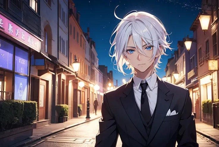 Anime of a pretty boy with white hair and blue eyes, background park, selfie, night, background light, Flequillo, Cabello blanco, Rubor, Sonrisa