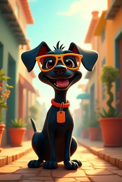 black dog , small, thin, Happy and wearing orange sunglasses, PIXAR style drawing,  dog with an orange salmon collar 