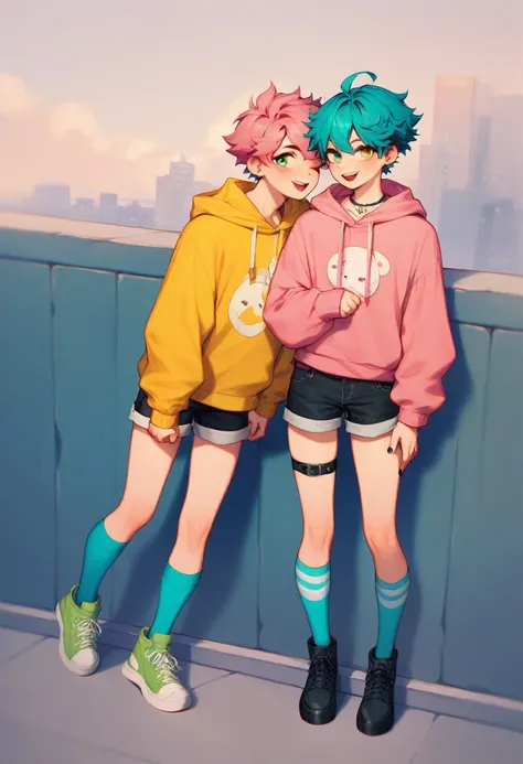  2 boys, the boy on the left is a tall alternative boy emo boy twink with an oval face with yellow eyes and short and curly teal hair and he has light skin and a very slim body and he is wearing a pastel yellow hoodie with black shorts and blue socks and b...