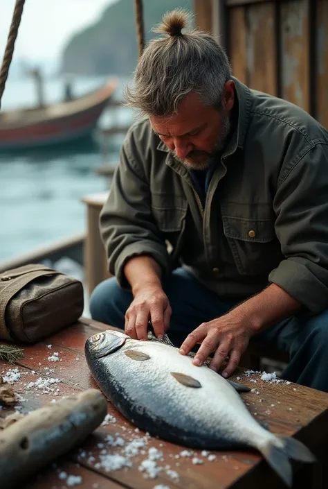 Create an image of a person cleaning fish

