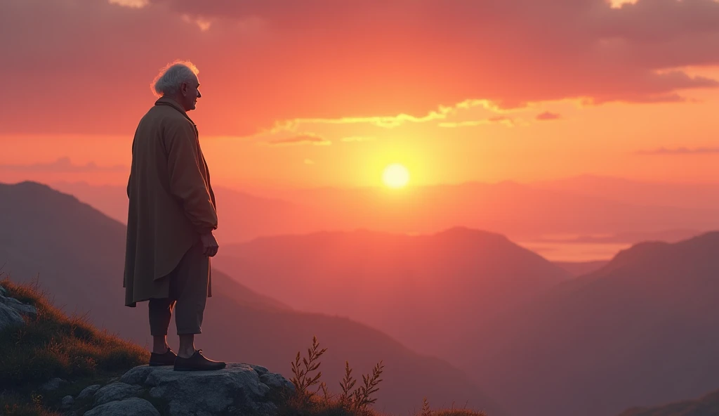 3d animation style. Peace of mind under the sunset ：The old man stood at the top of the mountain ，Watch the sunset in the distance， and the sunset dyed half of the sky ， He had a faint smile on his face ， The figure was enveloped in the afterglow of the su...