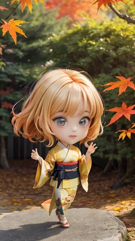 1 girl, solo, {beautiful and detailed eyes}, calm expression, hair by the breeze, delicate facial features, Blunt bangs, beautiful Korean girl, eye smile, very small earrings, (A woman wearing a traditional kimono stands gracefully among vibrant autumn fol...