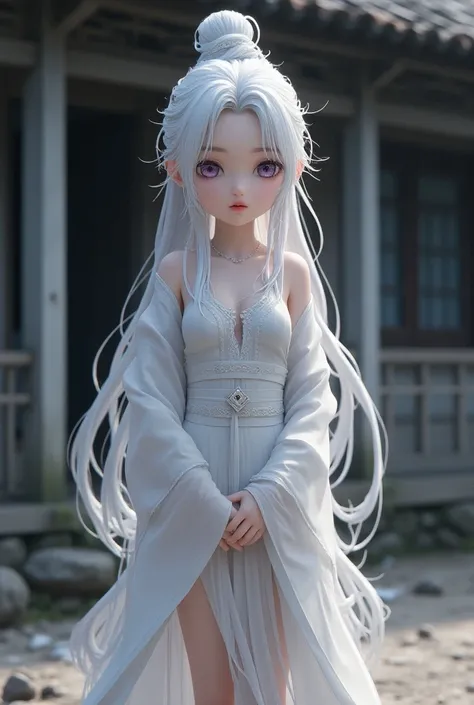 in a semi realistic Danmei animation style.
 boy Goddess with long white ice-colored hair  , heart shaped face , carmine red cherry lips  , female purple eyes , thin, outlined eyebrows .
 female swan neck .
 female collarbones and arms .
small shoulders.
 ...