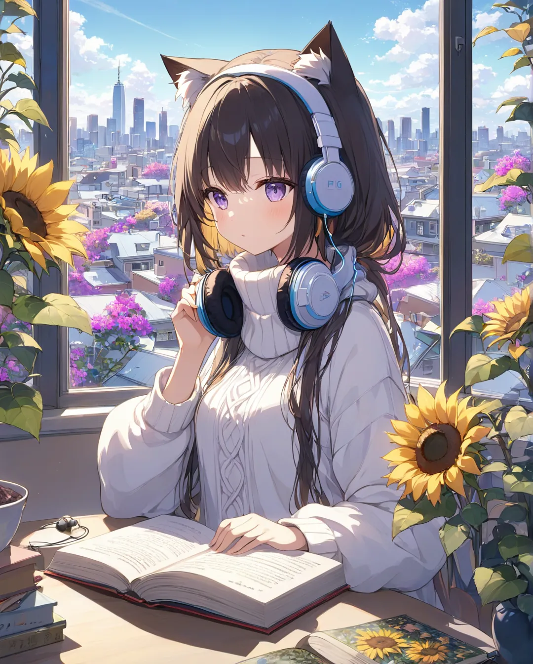 1girl,detailed anime girl, wearing a large sweater, wearing headband headphones, praise, quiet, quiet atmosphere, cold, reading ...