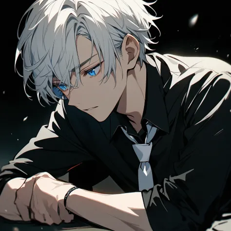 handsome, Alone, 1 Male, short hair, White hair、blue eyes, black shirt, white tie, side