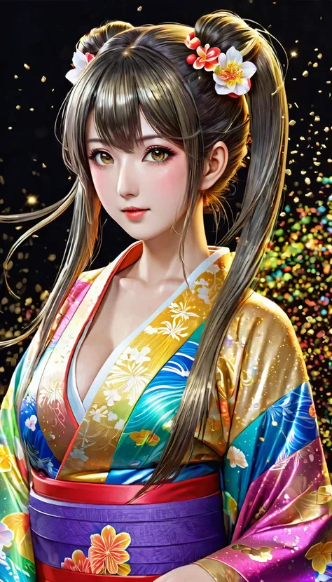 Attractive and sexy look,  Twin Tails, Wearing an open rainbow-colored colorful Japanese kimono , art, (Super detailed,  absolute resolution  , Best Quality:1.3), 2.5D, Delicate and dynamic effects , Shimmering gold dust effect, Artistic, Extreme, CG デジタルa...