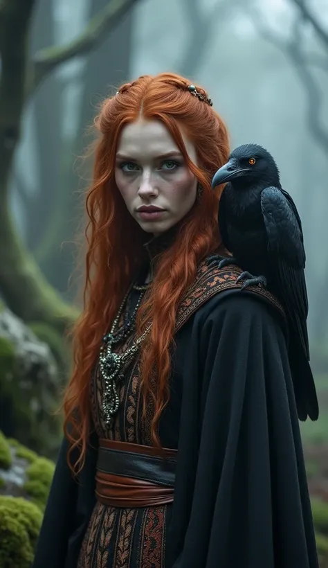 Generate an ultra-realistic, high-resolution 18K image of a stunning yet terrifying Nordic medieval sorceress in a dark, misty European forest. She is a beautiful redhead with intense, almost supernatural eyes, dressed in richly detailed Nordic attire with...