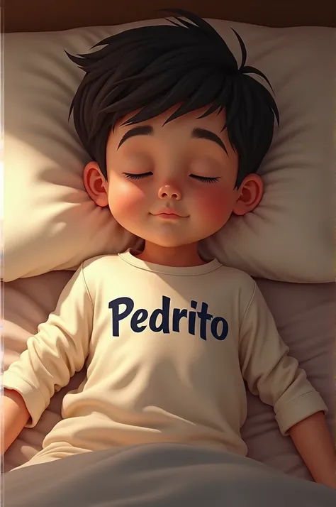 Boy sleeping in pajamas that say the name Pedrito on his chest 