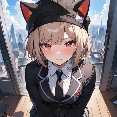 (Best Quality),(masterpiece),(Super detailed),( perfect anatomy),(Perfect hands),( 1 girl)、Beautiful red eyes、 bob cut、ash blonde hair、 troubled face、Small breasts、cat ear shaped black knitted hat 、Black blazer、 Black Normal Necktie 、 black plaid pleated s...