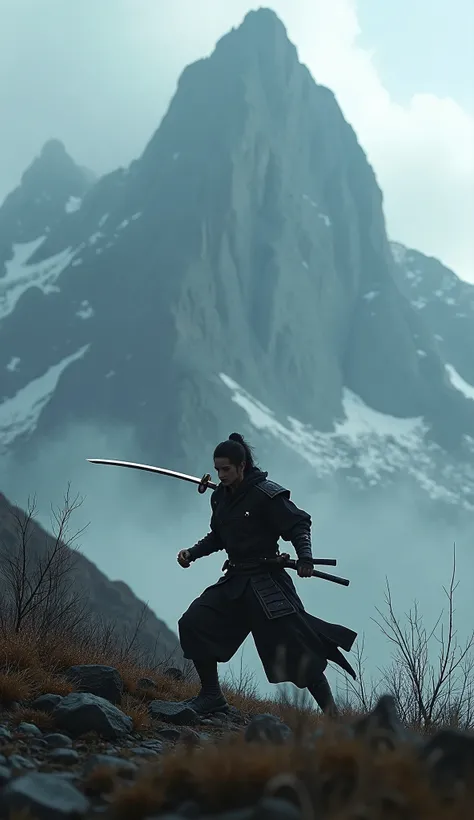 A samurai warrior slicing through a mountainous landscape, detailed katana blade, dramatic lighting, digital art, cinematic, epic, moody colors, highly detailed, sharp focus, ultra-realistic, breathtaking scenery, dynamic composition, powerful energy, dram...