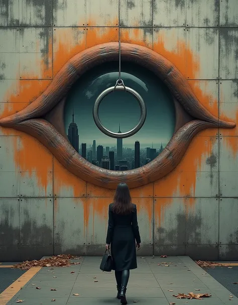 masterpiece, 8k, HDR, 3 D, best quality, photography, analog style, real life, extremely beautiful, (highly detailed, intricately detailed), an image of a metal ring inside a big eye below the silhouette of a city and the image of a woman walking down the ...