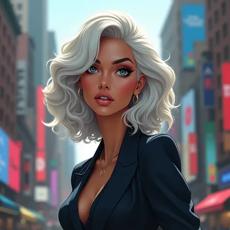 Woman with Italian features, Portuguese and Latin. light blue eyes, With wavy hair and a large lock of white hair in front , full body, with new york city in the background