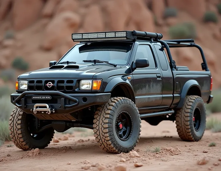 an simple 1998 Nissan Frontier king cab in a black and chrome paint scheme, with a low profile metal fabricated front bumper, it has a custom all metal fabricated flatbed in the back of the truck with a built on bed rack with a low profile KC LED Lights Si...