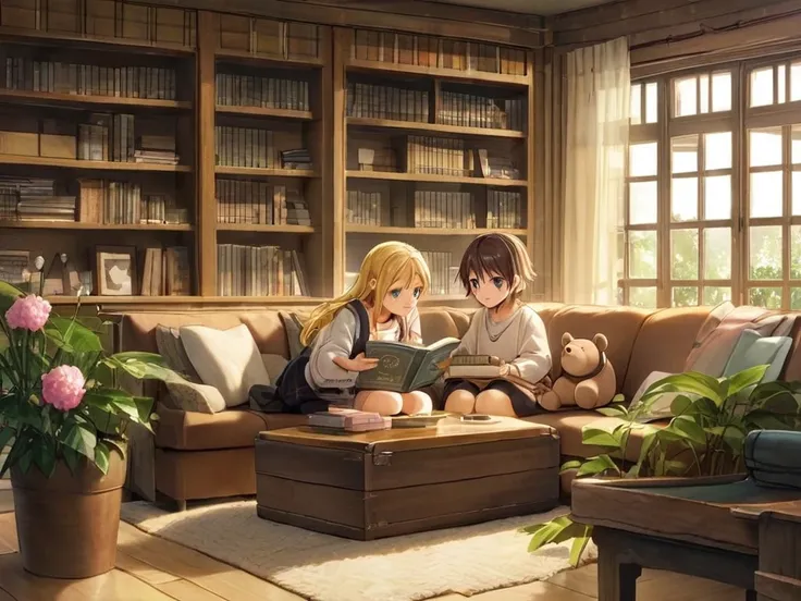 The scene is set in a modern Tokyo living room.
BREAK
The atmosphere is warm and homely, expressing the bonds of family.
BREAK
Three characters are sitting side by side on a sofa.
BREAK
In the center is a 26-year-old woman named Saki Ayase. She is a mother...