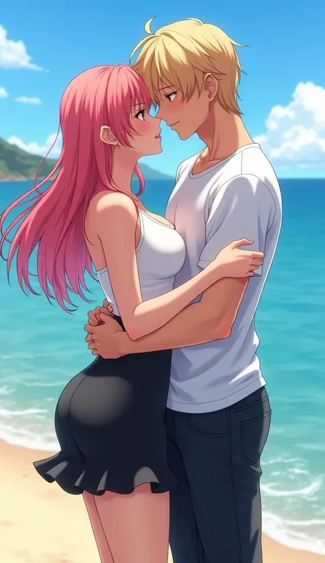 An attractive girl with pink hair in a beautiful black skirt and a white top with big breasts and a beautiful ass hugs and kisses a blonde guy, dressed in black jeans and a white t-shirt by the beach, anime-style art 